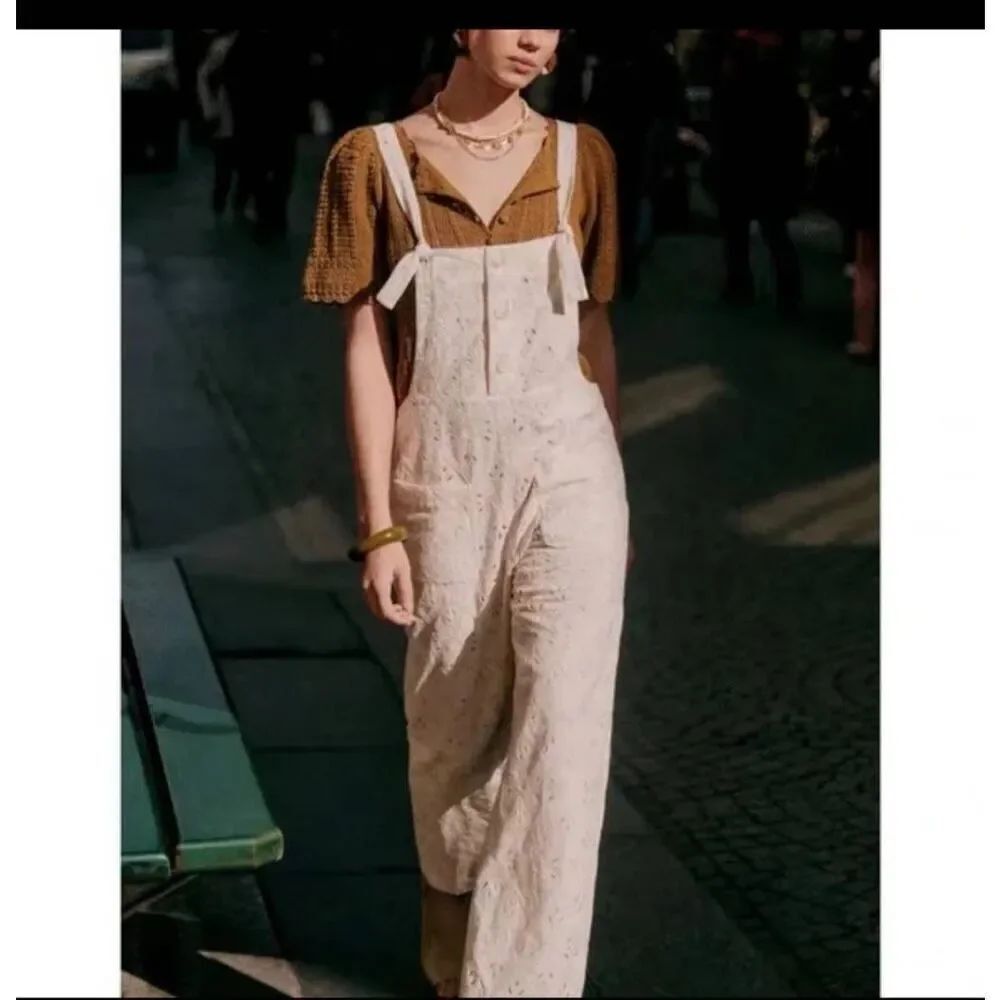 Sezane Brian Embroidered Cotton-Blend White Overall Jumpsuit in cream sz 34/US 2